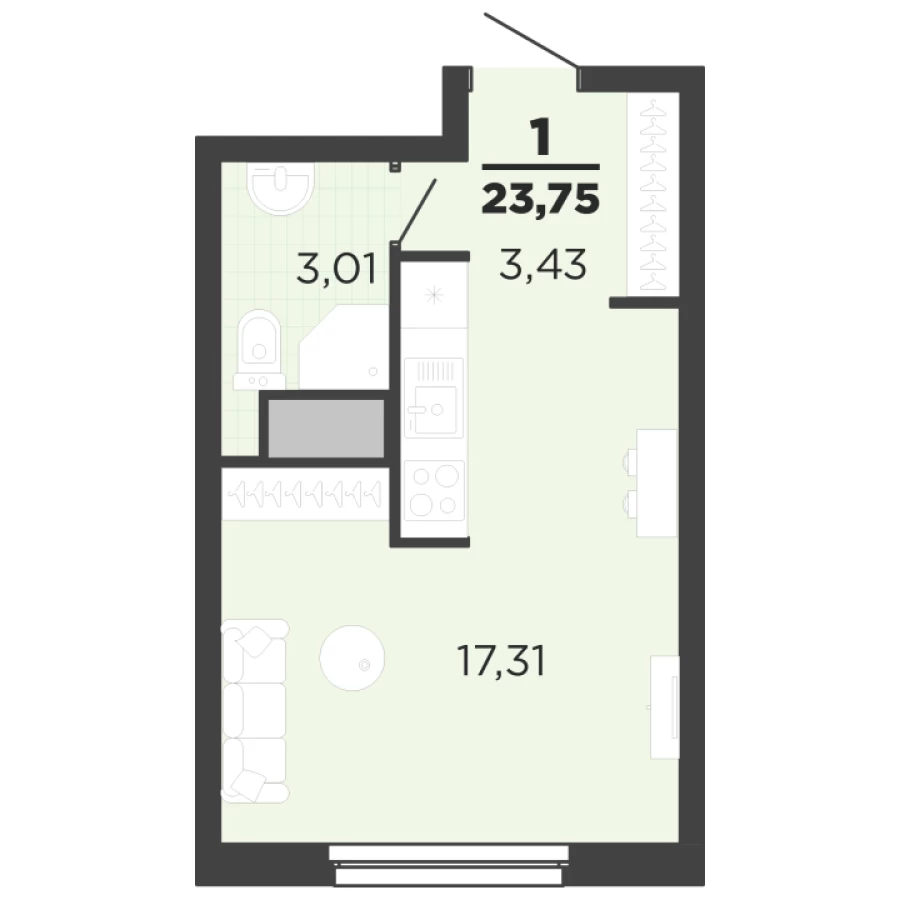 1-ая квартира 23,75 м2 в современном жк